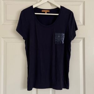 Ellen Tracey Navy Blue Sequin Pocket Tee Shirt